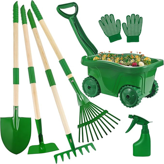Duckura Kids Gardening Tools Set - 7pcs Wheelbarrow Set for Kids with Shovel, Rake, Leaf Rake, Summer Outdoor Yard Digging Weed Birthday Gifts Toys, Christmas for Boys Girls Age 2 3+ Years Old(Green)