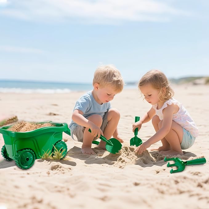 Duckura Kids Wheelbarrow Set - Gardening Tools for Kids with Shovel, Rake, Trowel, Outdoor Yard Lawn Digging Weed Toys, Christmas Birthday Gifts for Boys Girls Age 2 3+Years Old(Green A)