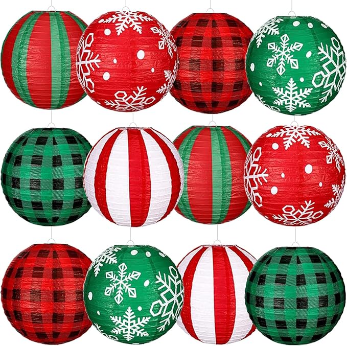 12 Pack Christmas Party Paper Lanterns 12 Inch Xmas Hanging Paper Lanterns, Snowflake Printed Round Lanterns for Xmas Home Party Wedding Holiday Decoration