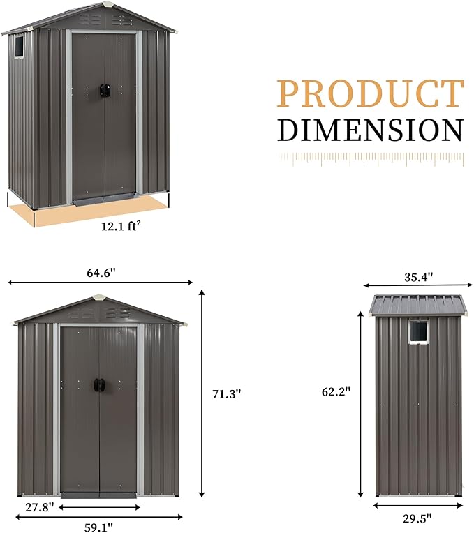 Vongrasig 5 x 3 FT Outdoor Storage Shed, Metal Shed Small Garden Tool Storage Shed with Window and Lockable Door for Outside Backyard Patio Lawn (Grey)