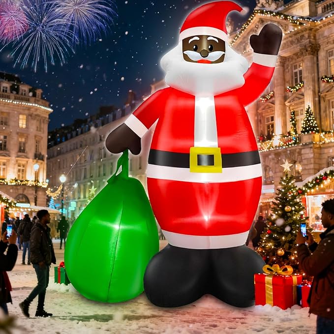 14 Ft by 8.5 Ft Giant Christmas Inflatable Black Santa Holding Gift Bag, African American Christmas Decorations, Blow up Xmas Decor Built in LED Lights for Yard Lawn Garden