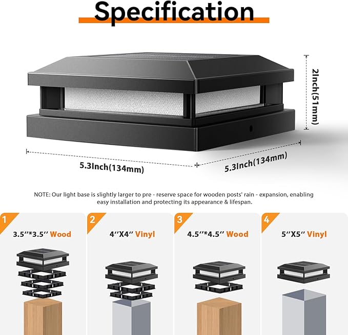 Brightever 4x4 Solar Light Outdoor 4 Packs, Waterproof Solar Powered Post Cap Light for 5x5 Vinyl/Wooden Post with Warm/Cool Lighting, Black 16LEDs Deck Cap Lights for Outside, Garden, Patio, Porch