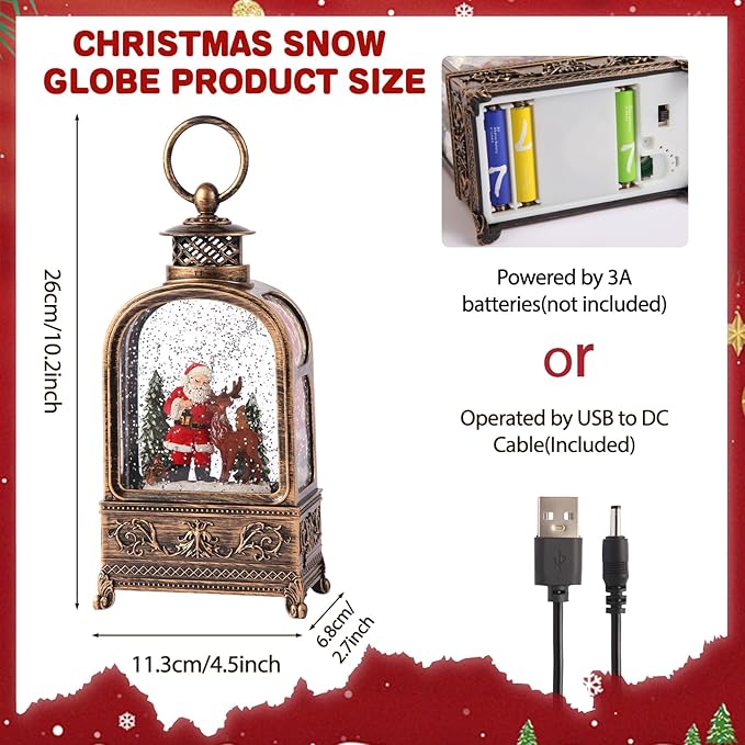 10.2 Christmas Snow Globe Santa Claus, Musical Snow Globe Lantern with 6H Timer Battery & USB Powered, Retro Style Holiday Glitter Snow Globes for Xmas Home Decoration Indoor Holiday Party Gifts