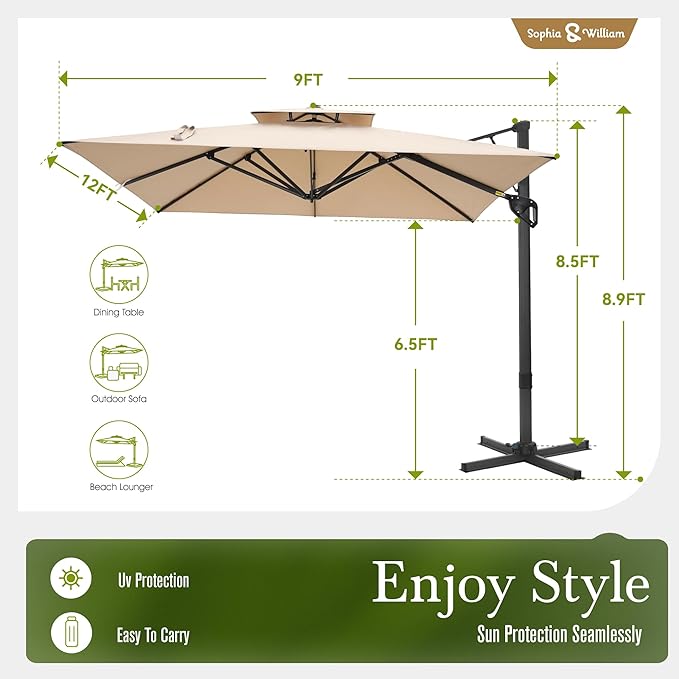 Sophia & William Cantilever Patio Umbrella 12ft, Offset Large Outdoor Umbrellas with 360°Rotation, Heavy Duty Hydraulic Double Umbrella for Garden Pool Backyard, Beige (no base)