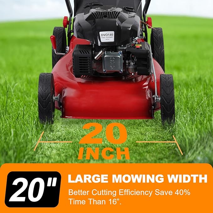 3 in 1 Gas Lawn Mower Self Propelled,141cc OHV Engine with Air Cooling, 20" Steel Deck, 8-Level Height Adjustment, 50L Grass Tank, Foldable Design Red