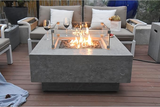 Elementi Manhattan Concrete Fire Pit 36 x 36 Outdoor Patio Firepit Includes Lava Rocks Modern Fire Pits & Outdoor Fireplaces for Garden, Deck, Indoor & Outdoor Heating