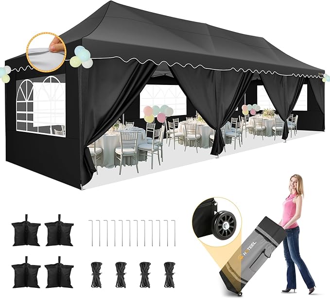 HOTEEL 10x30 Pop Up Canopy with 8 Sidewalls, UV 50+ and Waterproof 10×30 Party Tent, Thickened Frame, Large Space Easy Pop Up Canopy, Outdoor Canopy for Weddings, Beaches, Parties, Patio (Black)