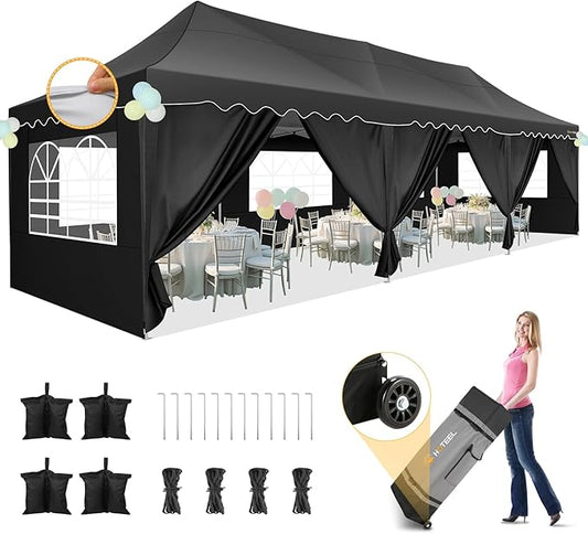 HOTEEL 10x30 Pop Up Canopy with 8 Sidewalls, UV 50+ and Waterproof 10×30 Party Tent, Thickened Frame, Large Space Easy Pop Up Canopy, Outdoor Canopy for Weddings, Beaches, Parties, Patio (Black)