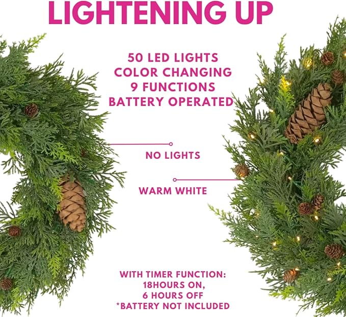 Natural Cedar Set : 1 24 inch Wreath 2 Pieces of 8 ft Garland; Mixed Greenery, Cedar, and Real Pinecones, Battery Operated, Indoor Outdoor Holiday Decor