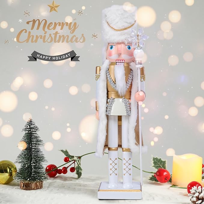 Christmas Nutcracker Decorations Nutcracker Figure 15 Inch Wooden Nutcrackers Collectible Ornament Nutcracker Soldier for Table Desktop Home Christmas Decor Xmas Indoor Decor White King