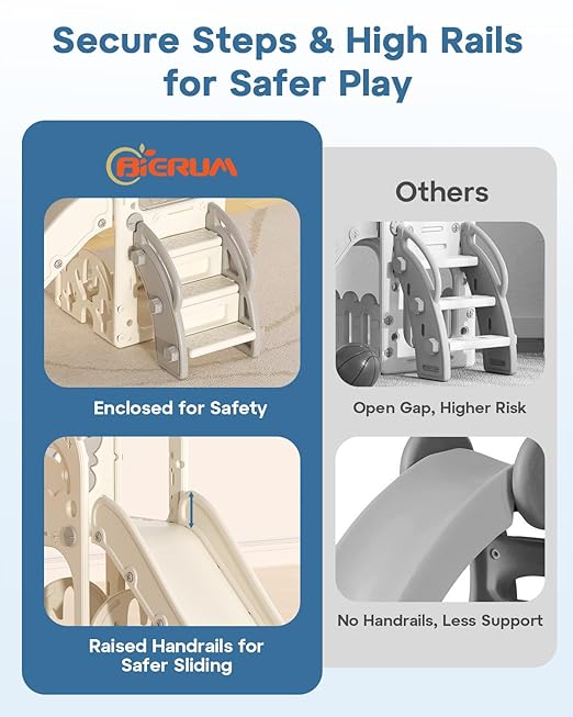 BIERUM Toddler Slide and Swing Set, 7-in-1 Indoor Outdoor Toddler Playset with Climber, Basketball Hoop & Golf Toys, Playground for Kids Ages 1+, Cream&Gray