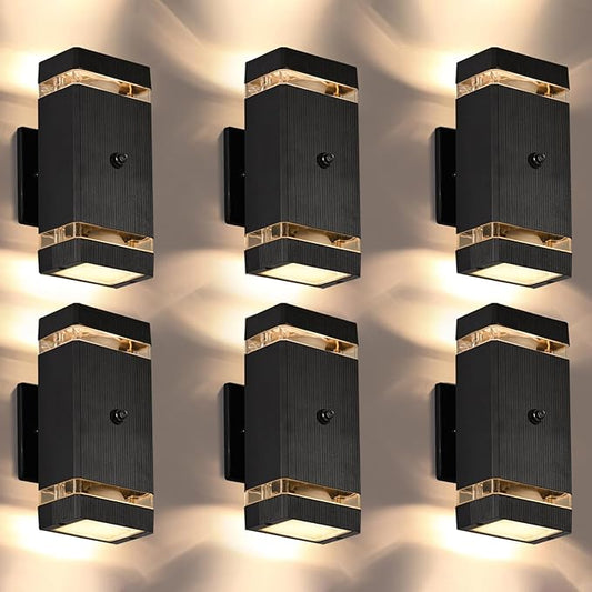 Outdoor Wall Lights 6 Packs, Integrated LED Up Down Lights, Modern Black Outdoor Wall Light with Dusk to Dawn Sensor Aluminum Exterior Wall Light for Porch Patio Door