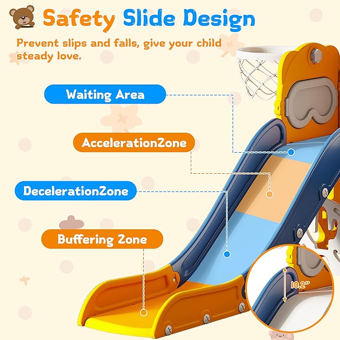 10-in-1 Toddler Slide Playset,Indoor Playground for Kids 1-3 and Toddler Outdoor playset with Golf Set, Basketball Hoop, Climbing Frame, Drawing Board and Steering Wheel, Yellow & Blue
