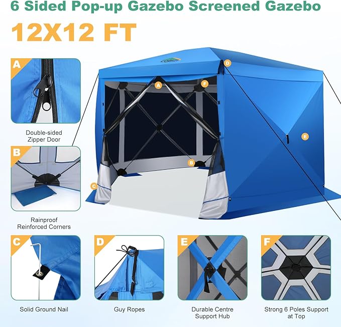 COBIZI 12x12 pop up Gazebo on Clearance Screen Tent for Camping, Scalable Design Outdoor Canopy Tent with Extension Support Poles & sidewalls,with Portable Carrying Bag and Ground Stakes, Blue
