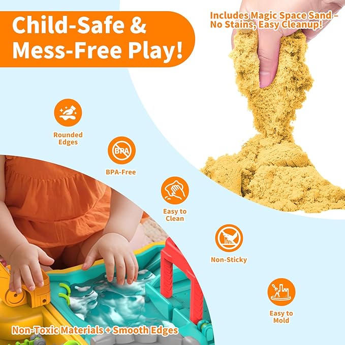 Engineering Beach Sand Set, 500g Play Sand + 4 Alloy Trucks Foldable Handbag Sandbox w/Rotating Crane & Water Area - Safe, Easy-Clean Outdoor Toy for Kids 4-12