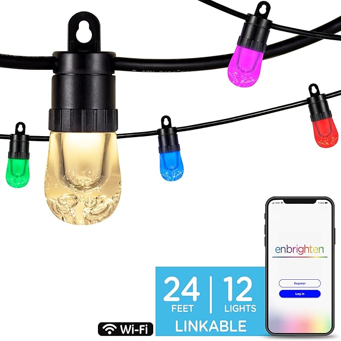 Enbrighten Vibe Smart Color Changing String Lights, 24ft Black Cord, 12 Shatterproof Acrylic Bulbs, Weatherproof, Dimmable, Outdoor String Lights, Works with Alexa, Google Home, 2 Pack, 82764
