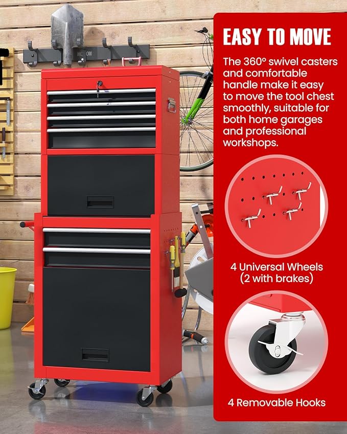 ARNOT 2-in-1 Rolling Tool Chest with 5 Drawers, Heavy-Duty Metal Tool Box with Wheels, Detachable Top Tool Box & Rolling Tool Cabinet for Garage, DIY (6-Drawers Whith Middle Box, Red+Black)