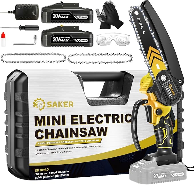 Saker Mini Chainsaw,6 Inch Portable Electric Chainsaw Cordless, Small Handheld Chain saw for Tree Branches,Courtyard, Household and Garden (SK1806D-Y)