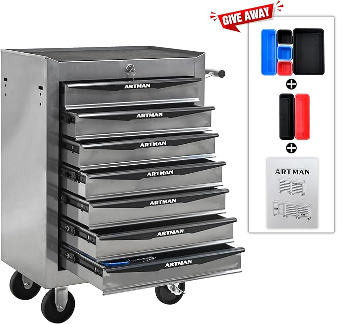 RYH 4-7 Drawers Rolling Tool Chest & Tool Box on Wheels | Heavy Duty Metal Cart with Ball Bearing Drawers | Fits US General Tool Box for Garage Storage (Silver, 7 Drawers£¨30.5 H ¡¿ 20.9 W ¡¿ 13 D)