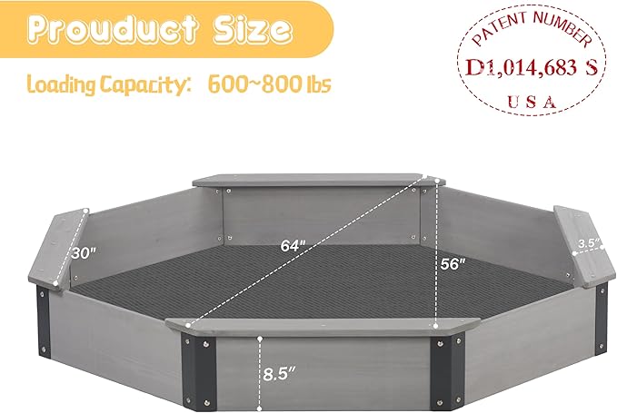 64''x56''x8.5'' Octagon Sandbox with Cover for Kids Outdoor Play, Wood Large Sandpit with 4 Benches, Quick Easy Install, US. Patented