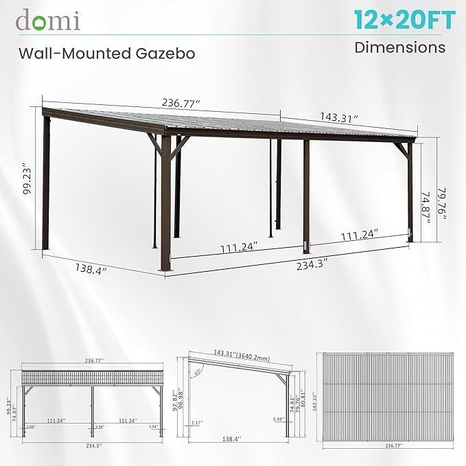 Domi 12' x 20' Lean to Gazebo, Wall Mounted Gazebos Pergola with Built in Drainage System, Galvanized Steel Roof, Hardtop Patio Shelter for Deck, Porch, Backyard and More,Brown