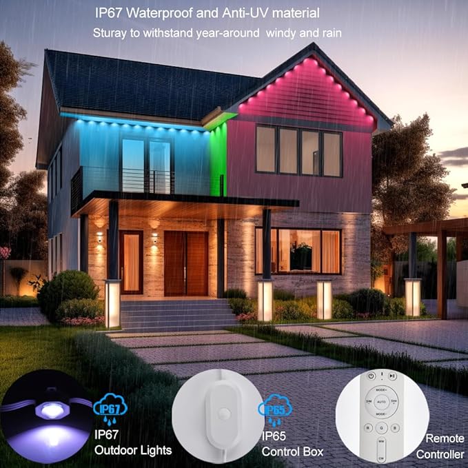 Permanent Outdoor Christmas Lights for House WiFi,150ft Smart RGB+IC Color Eave House Lights,Tunable Warm to Cool White 60lm for Daily Lighting,IP67 Waterproof, Alexa Google APP Remote Control