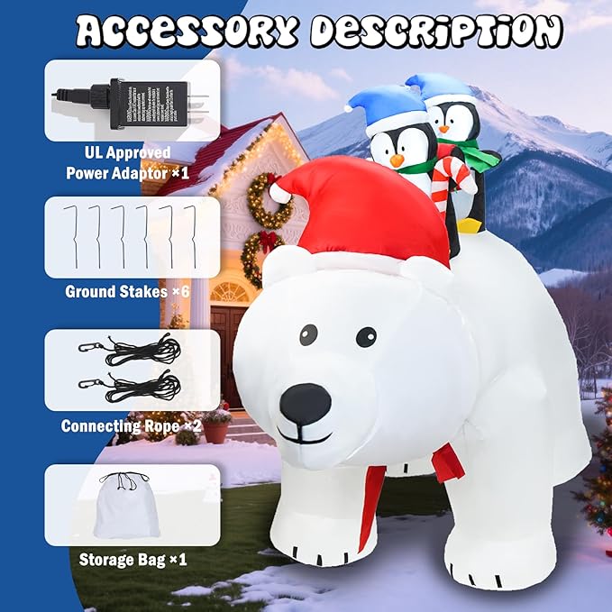 DearSun 7FT L Christmas Inflatable Penguins on Polar Bear with Shakable Head, Blow up Christmas Inflatable with Build-in LED Lights Outdoor Party Yard Decoration
