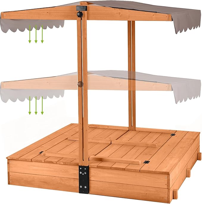 Kids Sandbox Outdoor Large Sand Box with Canopy, Sand Pit with 2 Foldable Bench Seats, for Aged 3-8 Years Old