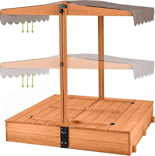 Kids Sandbox Outdoor Large Sand Box with Canopy, Sand Pit with 2 Foldable Bench Seats, for Aged 3-8 Years Old
