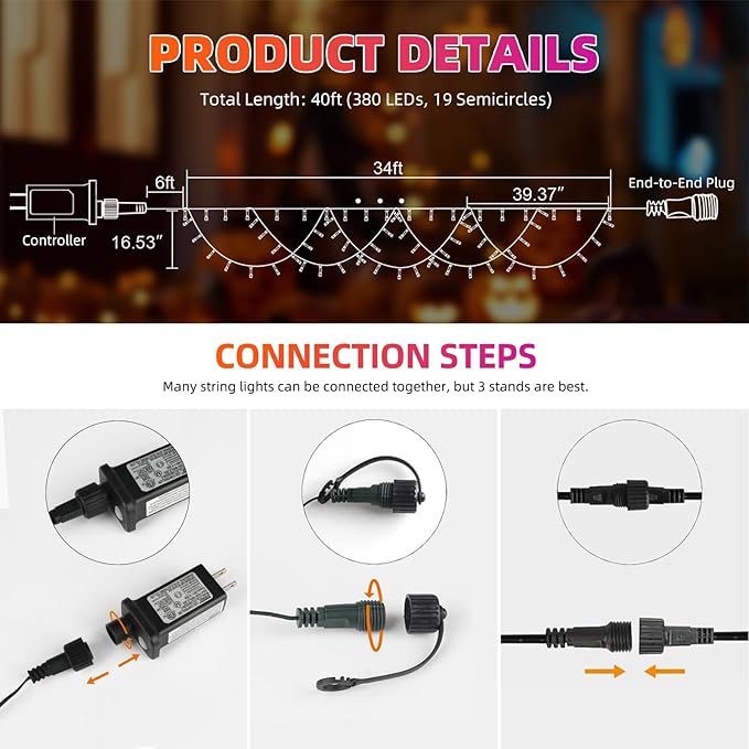 XTF2015 Halloween Lights Outdoor Color Changing 40FT 380 LED Orang Purple Halloween String Lights Extendable 8 Modes, Waterproof Half Round Hallowee n Light for House Roof Eaves Garden Patio