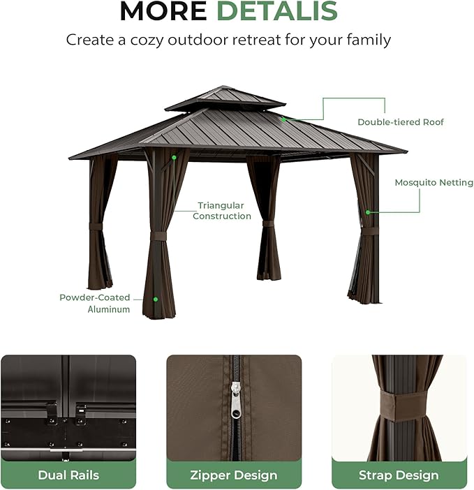 12' x 12' Hardtop Gazebo, Aluminum Frame with Double Galvanized Steel Roof, Outdoor Metal Gazebo with Netting & Curtains for Backyard, Garden, or Deck, Brown