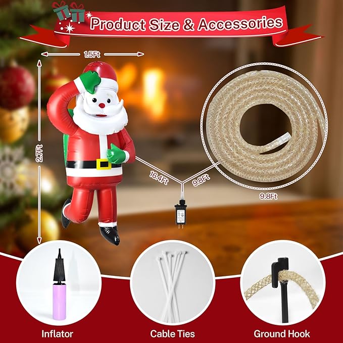 Christmas 9.8FT LED Rope Lights with 2.7FT Inflatable Climbing Santa Claus, Christmas Decorations Indoor Outdoor with Timer & Memory Plug for Holiday Yard, Porch, Window, Wall, Xmas Tree, Home Decor