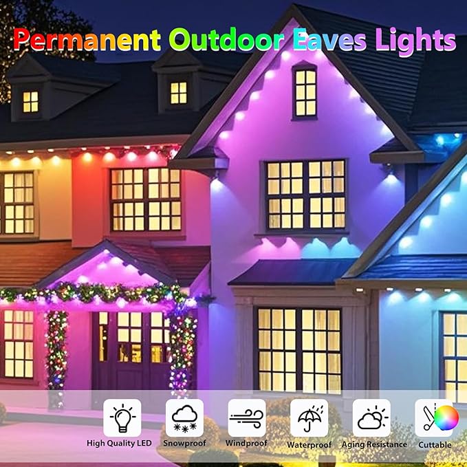 Outdoor Permanent Lights for House 100ft, Smart Halloween Lights with 60LEDs RGB IP67 Waterproof, Support with Alexa &Google Assistant Smart Voice Control,Sync to Music, DIY Scene Modes for Party