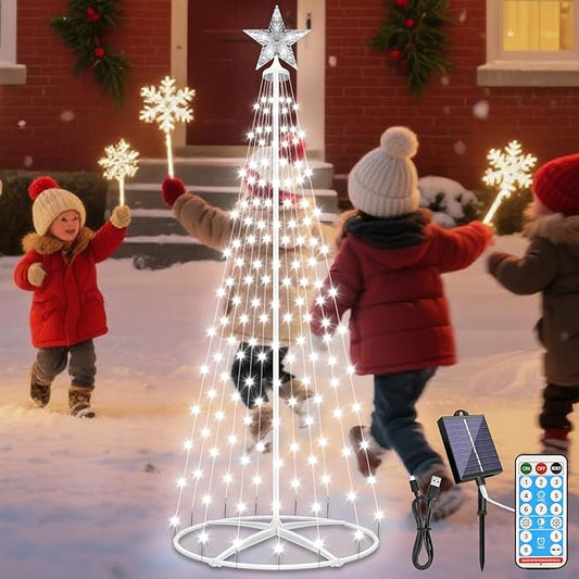 Forlivese 154LED Outdoor Solar Christmas Tree Lights, 4FT Lighted Artificial Cone Tree with Remote, 8 Modes, USB Charge, Timer & Waterproof Christmas Tree Decor for Garden Yard Patio, Cold White