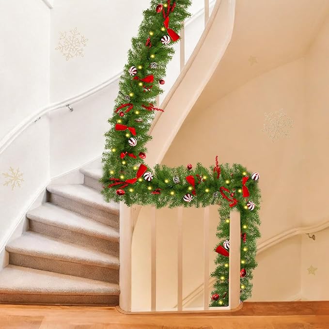 Christmas Garland with Lights, 6 Ft Real Touch Winter Pine Garland, Green Artificial Greenery Garland for Table, Table, Stairs, Door, Christmas Decor for Home Wedding Fireplace Party (One Pack)