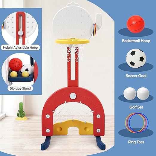 7-in-1 Toddler Playground Set ? Indoor Outdoor Slide, Adjustable Swing, Basketball Hoop, Climber, Ring Toss, Soccer, Golf ? Multifunctional Cactus Playset for Kids Ages 1-3, Blue ? Freestanding Activi