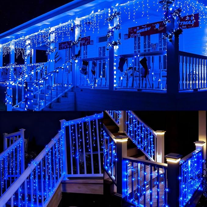 320LED Solar Christmas Lights Outdoor Waterproof Christmas Decorations Curtain Lights 29.5ft 60 Drops,8 Modes Solar Powered Rechargeable Fairy Lights for Party, Holiday,Wedding Decorations (Blue)