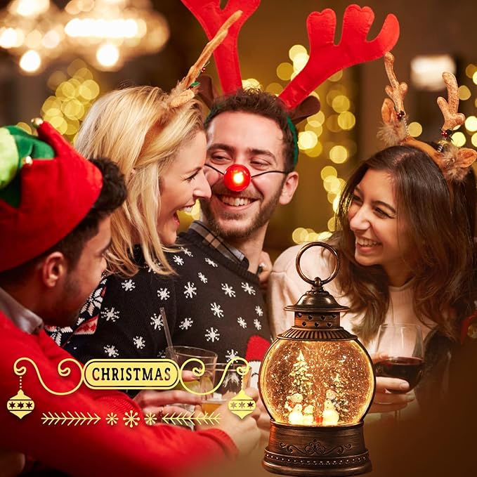 Christmas Snow Globe Lantern Water Glittering Rotating with Music and Timer, USB Lined/Battery Operated Lighted Lantern for Christmas Festival Decoration Gifts