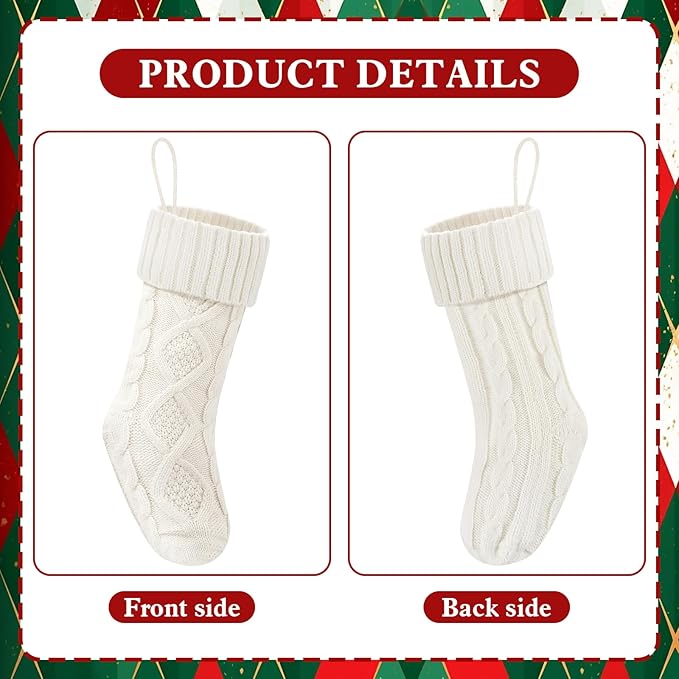 Christmas Stockings 18 Inches,Long Knitted Socks Christmas Decoration Hanging Stocking Fireplace Xmas Tree Stocking for Home Family（4 White）