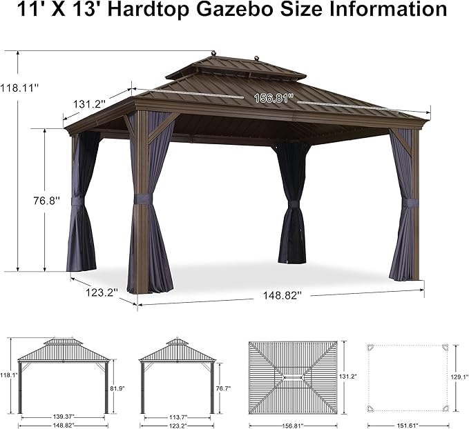 PURPLE LEAF 11' X 13' Outdoor Hardtop Gazebo Patio Wide Aluminum Frame Metal Double Roof with Heavy Duty Netting and Curtains for Permanent Hard Top Pavilion Screen, Navy Blue