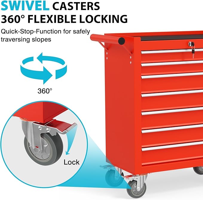 7 Drawers Rolling Tool Box, Portable Storage Tool Chest with Wheels, Toolbox with Lock for Warehouse, Garage, Repair Shop and Tool Room (Red)