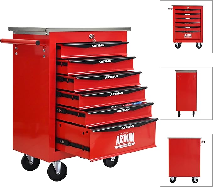 RYH 4/5/6/7 Drawers Rolling Tool Chest -Heavy Duty Mobile Metal Tool Box with Locking Wheels, with Stainless Steel Worktop, Garage Tool Storage Cabinet (Red, 6-Drawers 30.7 H¡¿22.2 W)