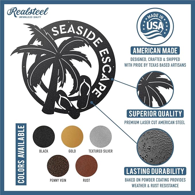 RealSteel - Tropical Oasis Monogram - Custom Wall Art for Beachfront Properties or Vacation Rentals - Great for Backyards, Pools and Patios - Summer Fun, Palm Trees and Sandals (18", Rust)