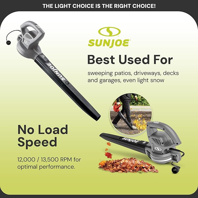Sun Joe Corded Electric Leaf Blower Machine, 155 MPH, 260 CFM, 6-Amp Motor, Gray - Portable and Lightweight Gardening Equipment for Yard Care and Lawn Maintenance, SBJ597E-GRY
