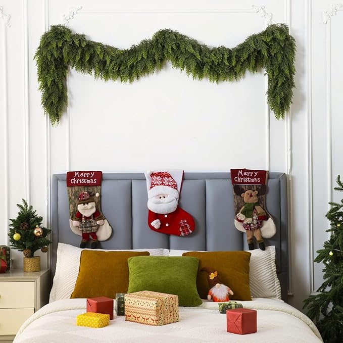 2 Pcs 9 Feet Christmas Cedar Garland - Thick & Lush Realistic Artificial Green Faux Cedar Pine Needles Garland for Christmas Winter Home Mantel Fireplace Holiday Party Decor