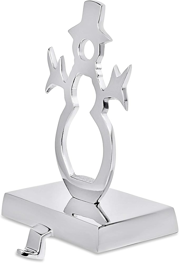 BIRDROCK HOME Whimsical Snowman Stocking Holder for Mantle – Holiday Christmas Decorations – Hanger for Stockings – Stainless Steel Hooks Fireplace Topper Stairs – Decorative Heavy Stand - Silver