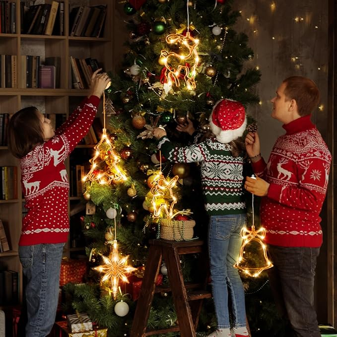 5Pcs Christmas Window Lights, Battery Powered Twinkle Lights Christmas Decorations Indoor Outdoor for Wall Door Porch Balcony Glass Decor with Suction Cup & Timer