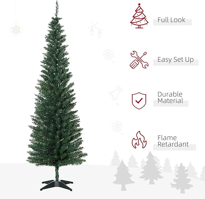 HOMCOM 6' Artificial Pencil Christmas Tree, Slim Xmas Tree with 390 Realistic Branch Tips and Plastic Stand, Green