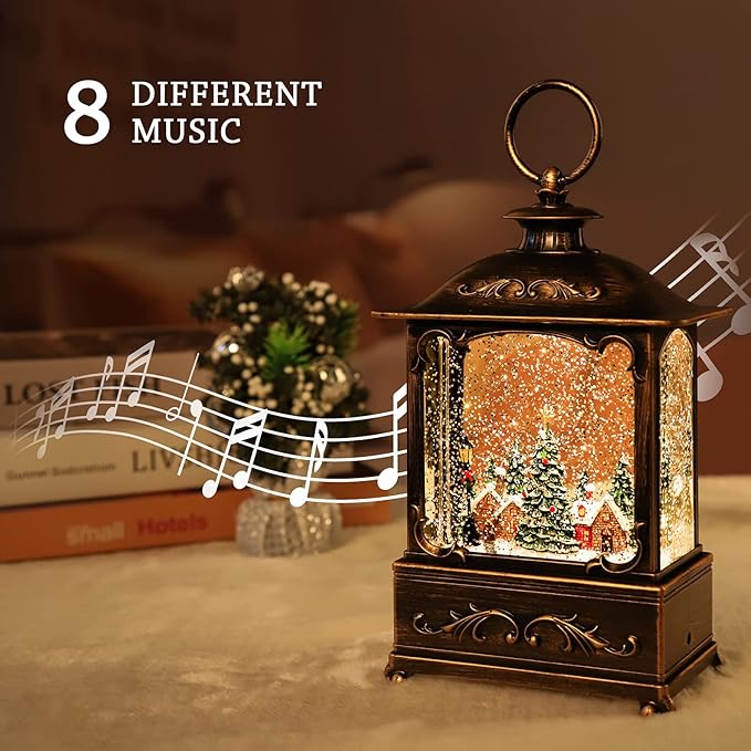 Christmas Village Snow Globe Lantern,Christmas Decorations Indoor Water Lantern Swirling Glittering with Music & Timer, USB/Battery Operated Lighted Lanterns for Home Decor Gifts (Forest House)