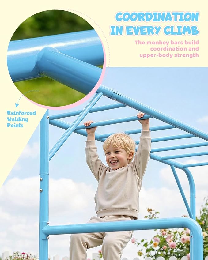Outdoor Monkey Bar Set with Climbing Frame, Gymnastics bars, Playground Set for Backyards, Metal Monkey Bar for Kids Age 3 and Up, Backyard Playground Set with Powder Coated Steel, SkyBlue